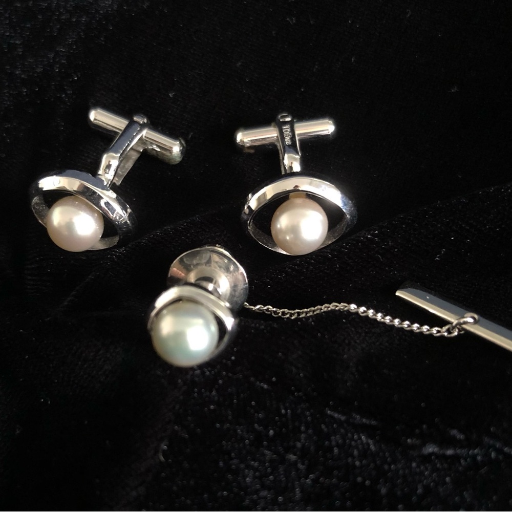 Mens Pearl and Silver Cuff Links & Tie Tack Set, SunEagle Vintage
